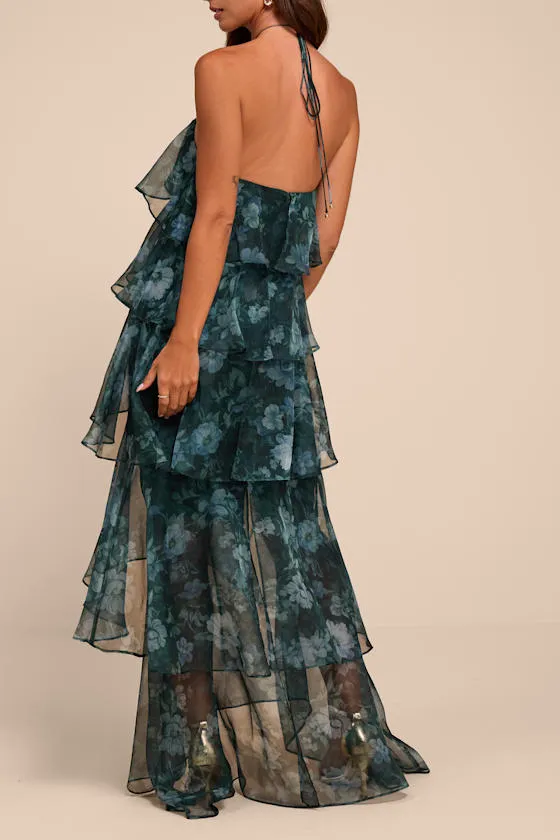 Melody Dark Green Floral Tiered Halter Maxi Dress sold by Lulus product image thumbnail 3