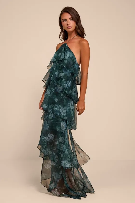 Melody Dark Green Floral Tiered Halter Maxi Dress sold by Lulus product image thumbnail 4