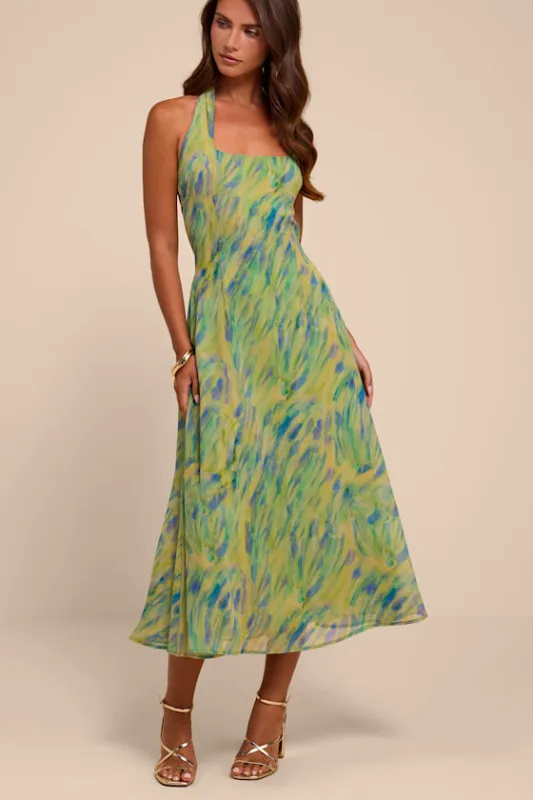 Reyes Green Multi Abstract Halter Midi Dress made by Lulus