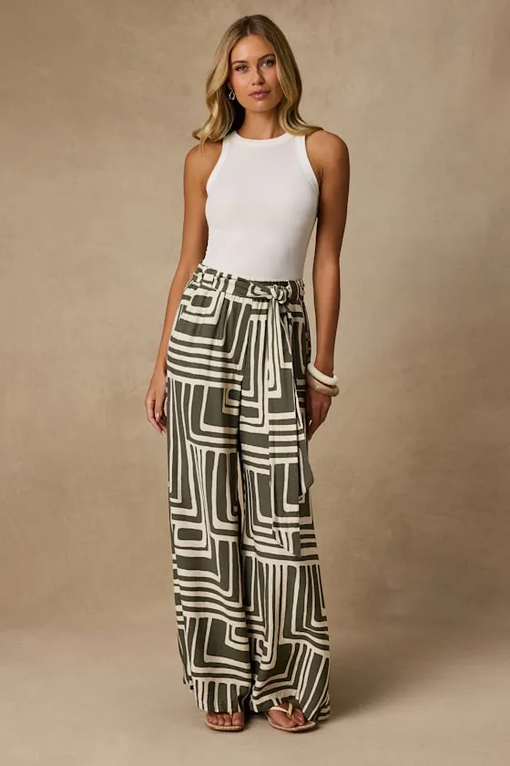 Azariah Olive Green Boho Print Wide-Leg Pants sold by Lulus