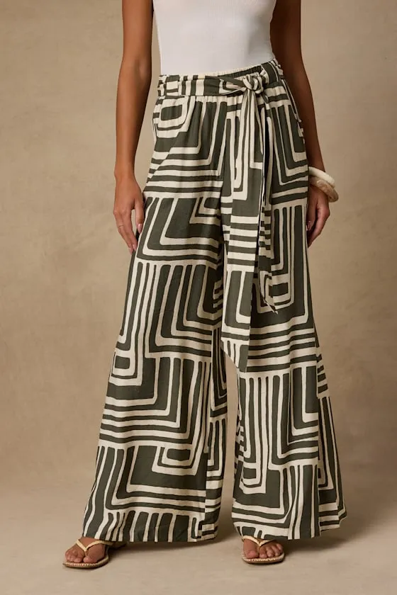 Azariah Olive Green Boho Print Wide-Leg Pants sold by Lulus product image thumbnail 2