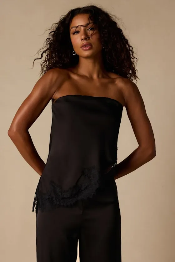 Amaya Black Satin Lace Asymmetrical Top sold by Lulus