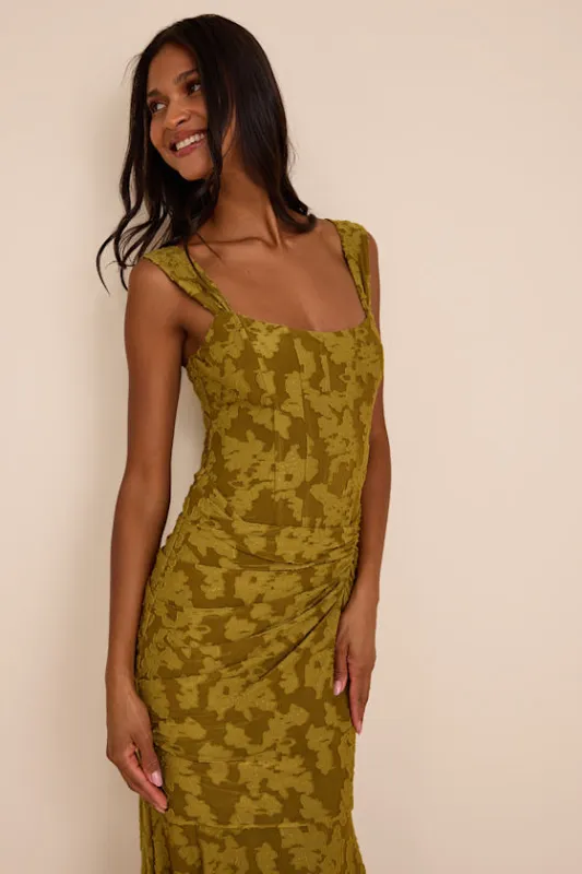 Celeste Olive Green Floral Burnout Bustier Maxi Dress made by Lulus