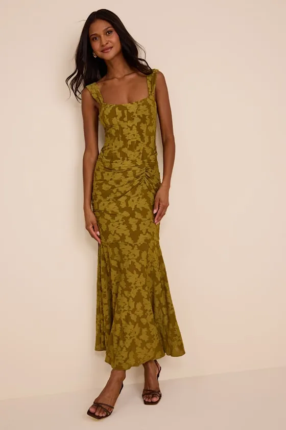 Celeste Olive Green Floral Burnout Bustier Maxi Dress sold by Lulus product image thumbnail 2