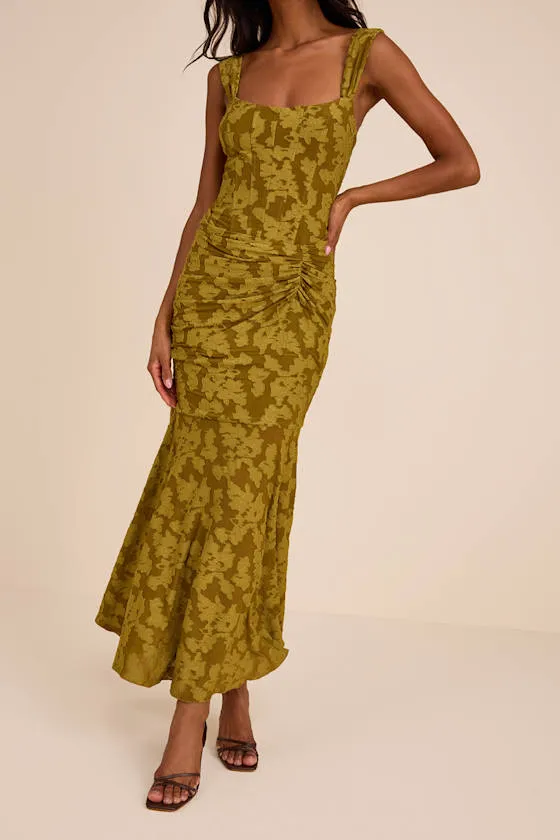 Celeste Olive Green Floral Burnout Bustier Maxi Dress sold by Lulus product image thumbnail 3