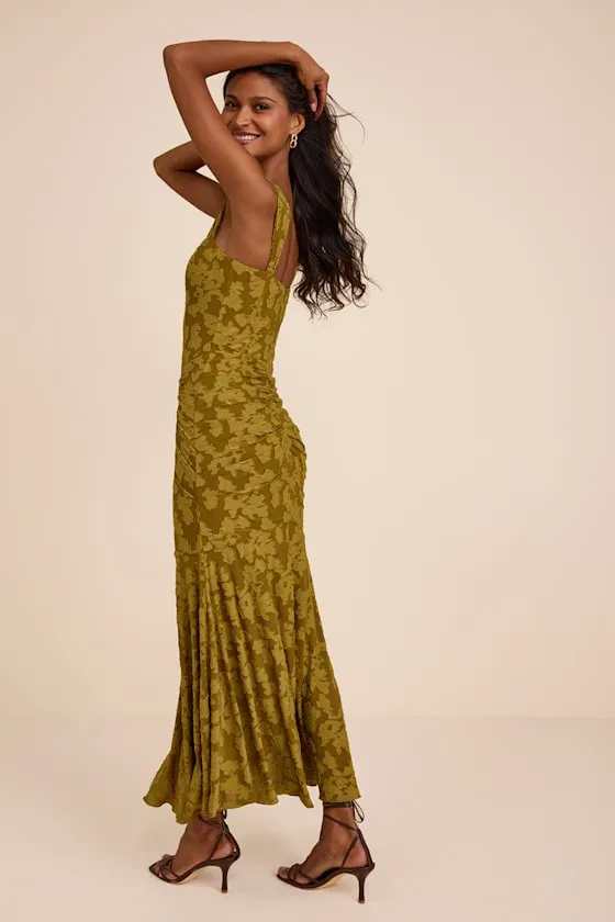 Celeste Olive Green Floral Burnout Bustier Maxi Dress sold by Lulus product image thumbnail 4