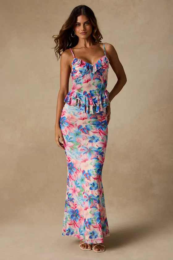 Romina Pink Multi Floral Mesh Maxi Skirt sold by Lulus