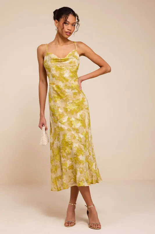 Neida Yellow Floral Burnout Cowl Neck Midi Dress made by Lulus