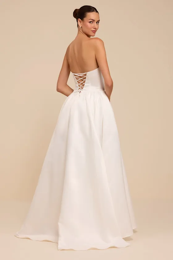 Jade White Satin Bustier Lace-Up Maxi Dress sold by Lulus product image thumbnail 3