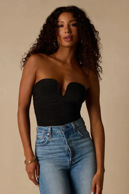 Niv Black Mesh Ruched Bodysuit made by Lulus