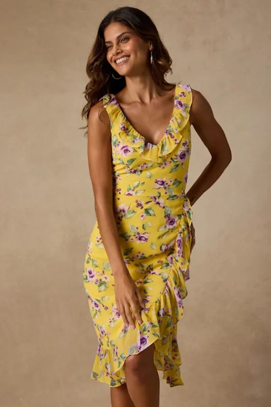 Rio Yellow Multi Floral Ruffled Midi Dress made by Lulus