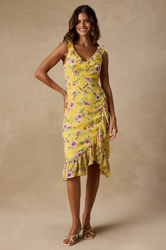 Rio Yellow Multi Floral Ruffled Midi Dress sold by Lulus product image thumbnail 3