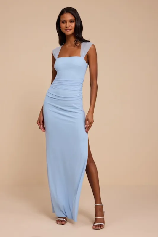 Leanna Light Blue Mesh Column Maxi Dress made by Lulus