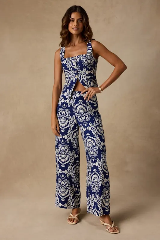 Caliana Blue and Ivory Boho Print Wide-Leg Pants made by Lulus