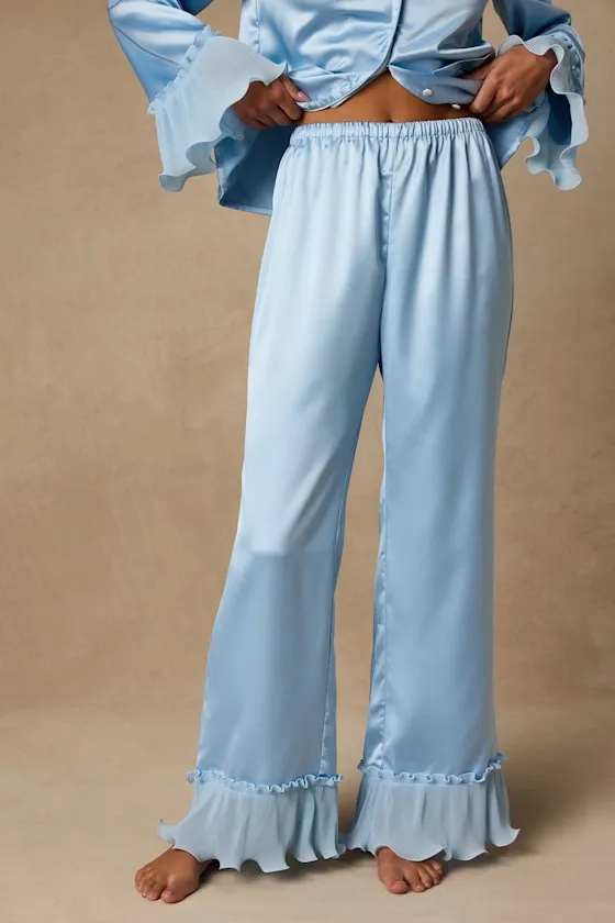 Melanie Light Blue Satin Ruffled Two-Piece Pajama Set sold by Lulus product image thumbnail 3
