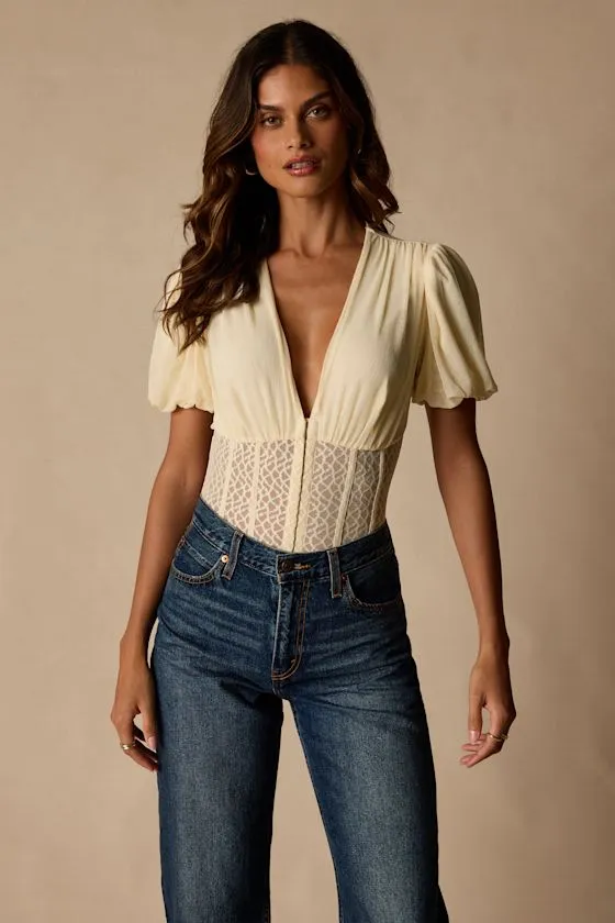Properly Trendy Cream Mesh Puff Sleeve Bodysuit sold by Lulus