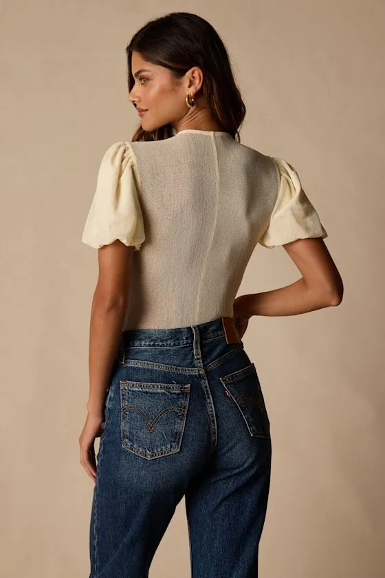 Properly Trendy Cream Mesh Puff Sleeve Bodysuit sold by Lulus product image thumbnail 2