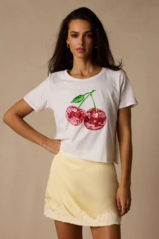 Disco Cherry White Cropped Graphic Tee made by Lulus