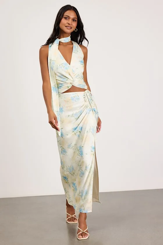Patrice Cream Multi Floral Ruched Maxi Skirt sold by Lulus