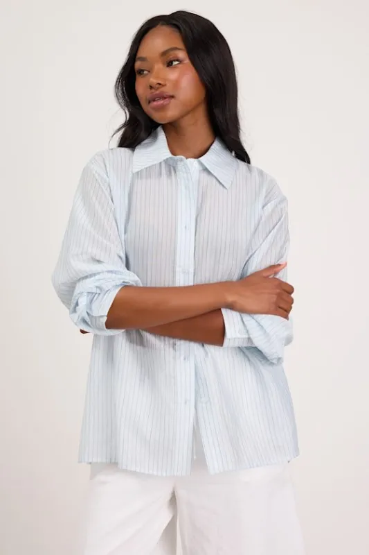 Petra Light Blue Pinstriped Button-Up Top made by Lulus