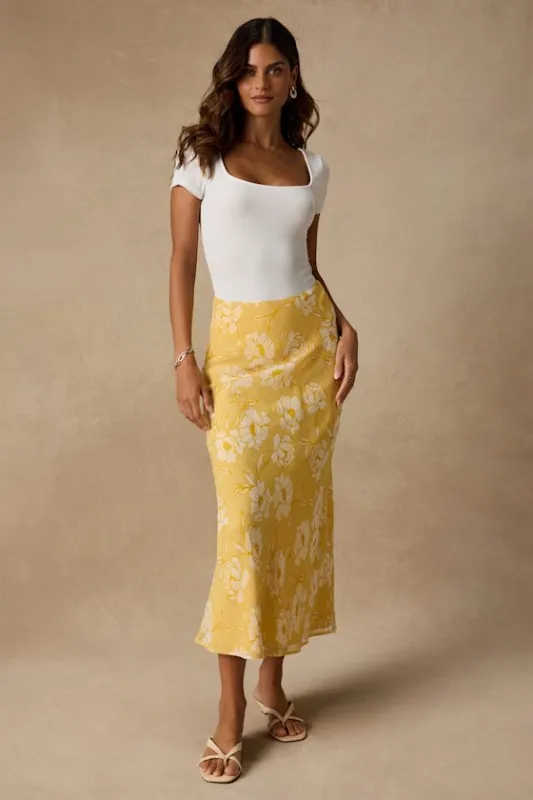 Malaya Yellow Floral High-Rise Midi Skirt made by Lulus