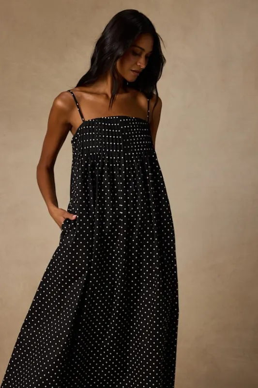 Sam Black Polka Dot Pleated Shift Midi Dress made by Lulus