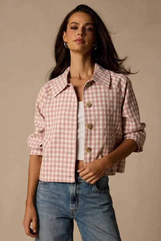 Clemmie Pink and White Gingham Cropped Shacket made by Lulus