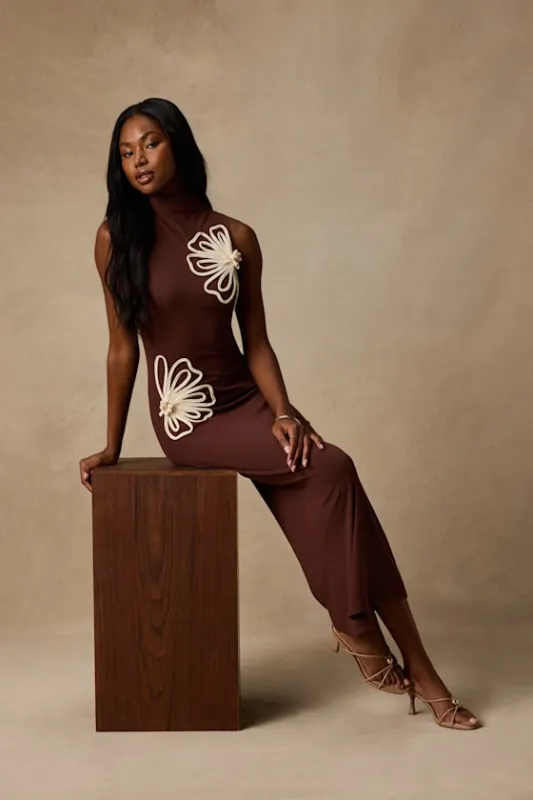 Eviee Brown Sweater Knit Embroidered Midi Dress made by Lulus