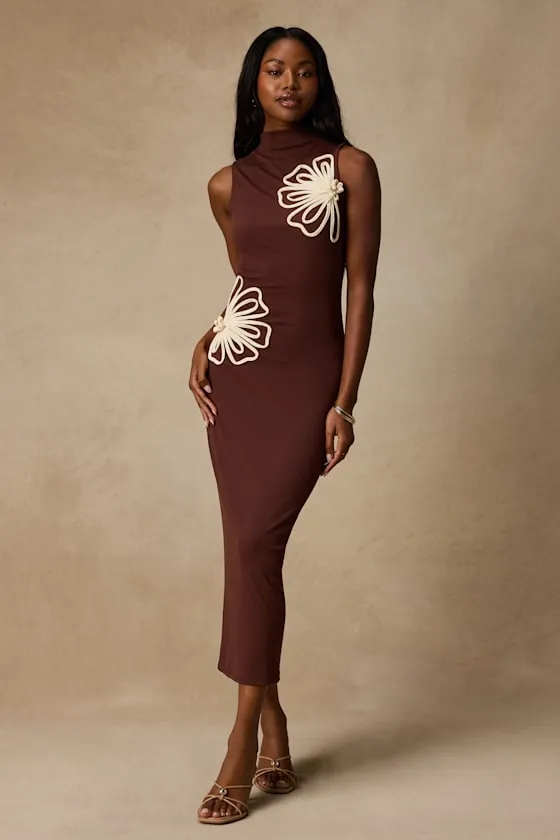 Eviee Brown Sweater Knit Embroidered Midi Dress sold by Lulus product image thumbnail 2