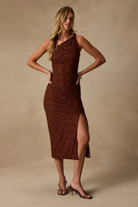 Remi Brown Lace Twisted Strap Midi Dress made by Lulus