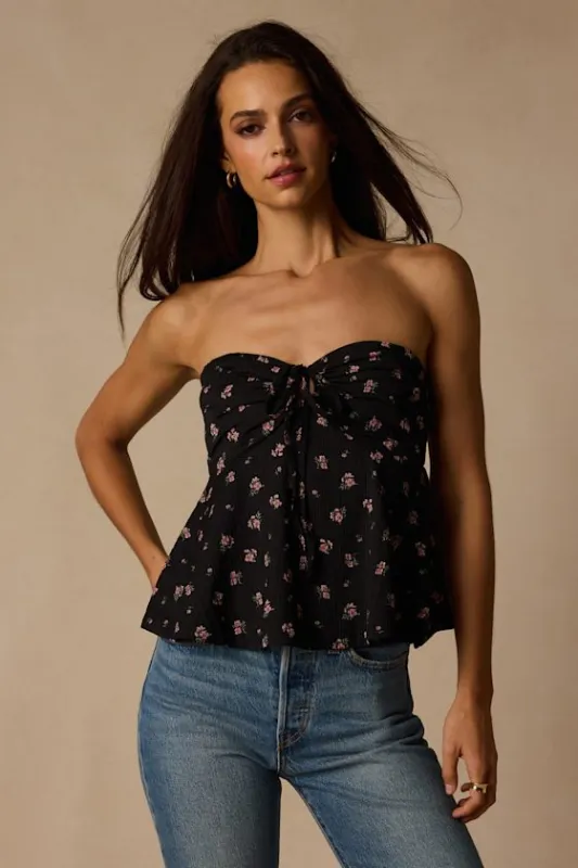 Rinna Black Floral Strapless Peplum Top made by Lulus