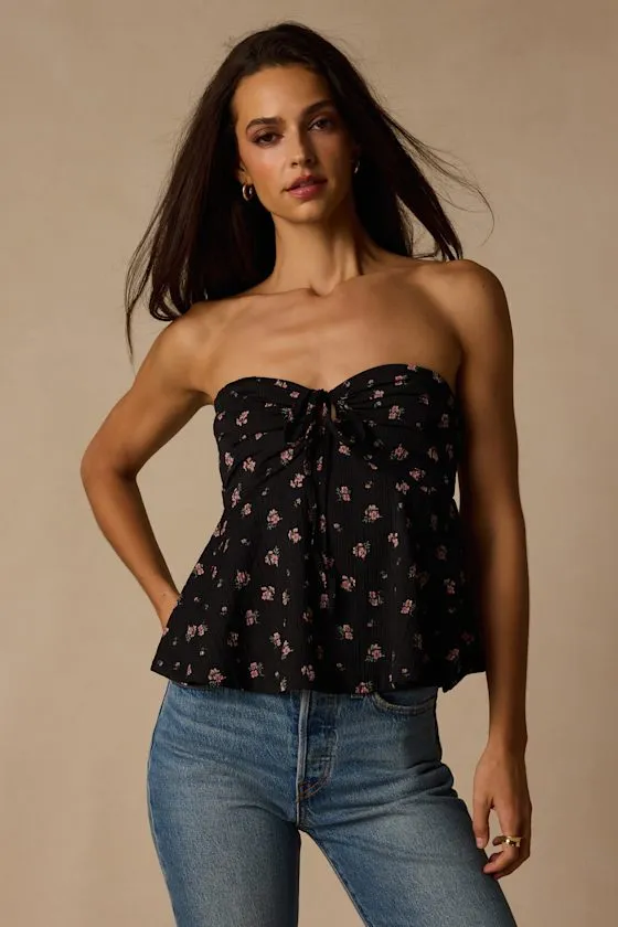 Rinna Black Floral Strapless Peplum Top sold by Lulus