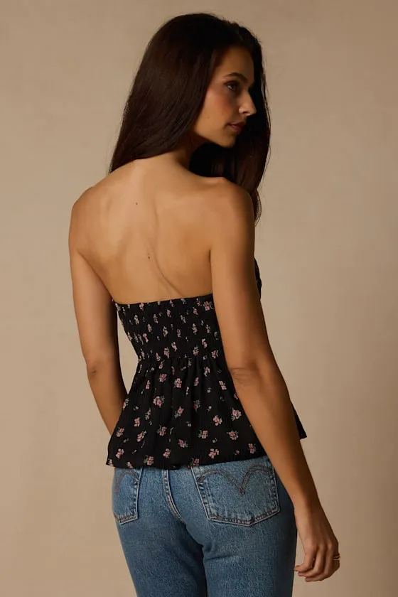 Rinna Black Floral Strapless Peplum Top sold by Lulus product image thumbnail 2