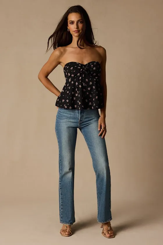 Rinna Black Floral Strapless Peplum Top sold by Lulus product image thumbnail 3