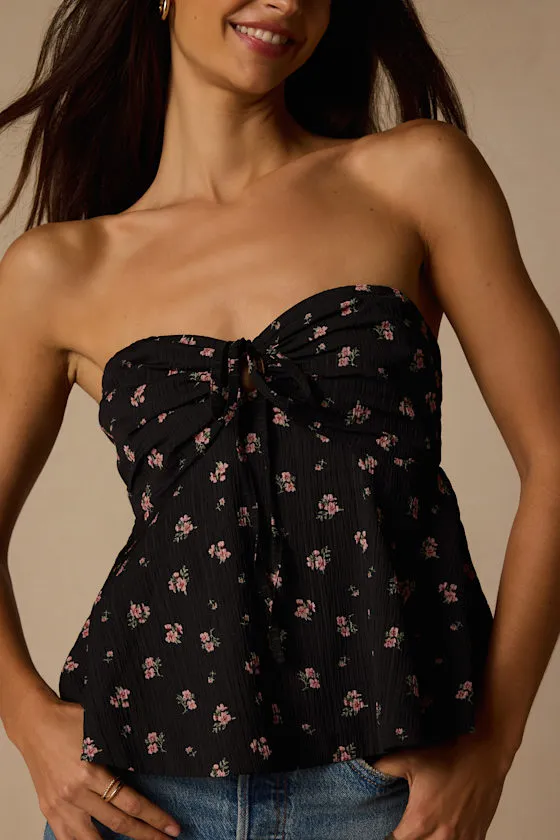 Rinna Black Floral Strapless Peplum Top sold by Lulus product image thumbnail 4