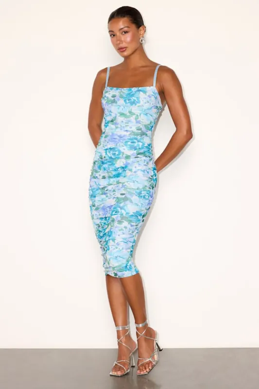 Date Night Beauty Light Blue Floral Print Mesh Ruched Midi Dress made by Lulus