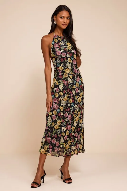 Mae Black Multi Floral Backless Midi Dress made by Lulus