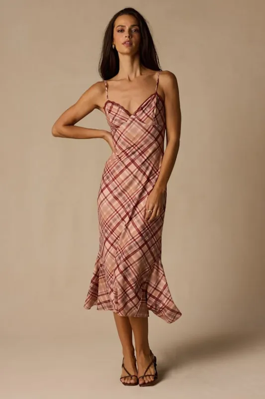 Rae Mauve Multi Plaid Mesh Slip Midi Dress made by Lulus