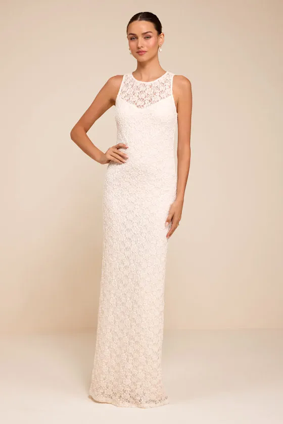 Asteria White Lace Column Wedding Dress sold by Lulus
