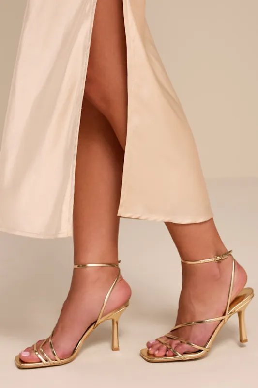 Sylvia Gold Ankle Strap High Heel Sandals made by Billini