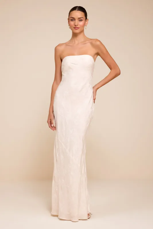 Maura White Strapless Floral Jacquard Wedding Dress made by Lulus