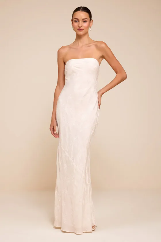 Maura White Strapless Floral Jacquard Wedding Dress sold by Lulus