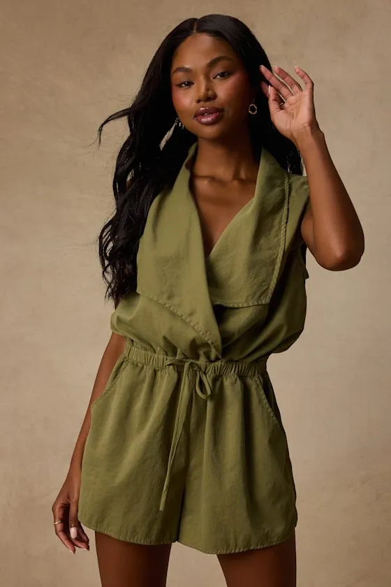 Ira Olive Green Collared Drawstring Romper sold by Lulus