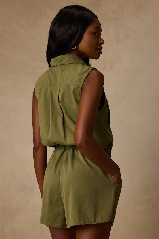 Ira Olive Green Collared Drawstring Romper sold by Lulus product image thumbnail 2