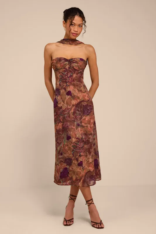 Aviva Brown Multi Jacquard Backless Scarf Midi Dress made by Lulus