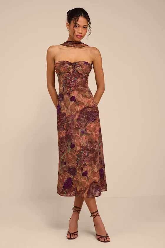 Aviva Brown Multi Jacquard Backless Scarf Midi Dress sold by Lulus