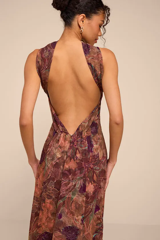 Aviva Brown Multi Jacquard Backless Scarf Midi Dress sold by Lulus product image thumbnail 2
