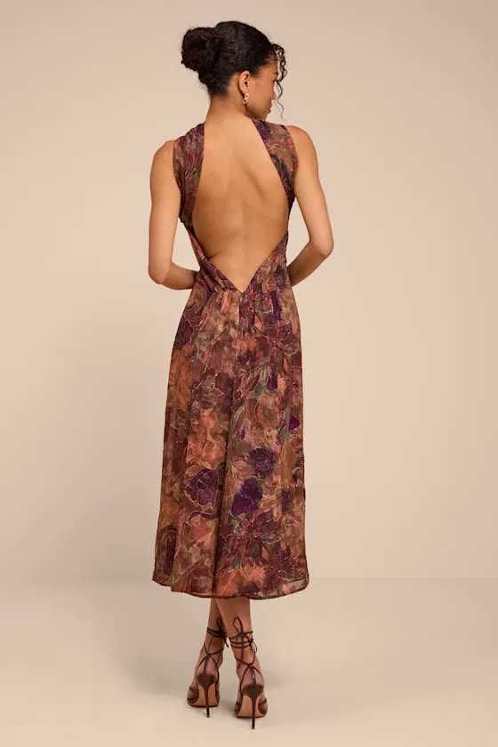 Aviva Brown Multi Jacquard Backless Scarf Midi Dress sold by Lulus product image thumbnail 3