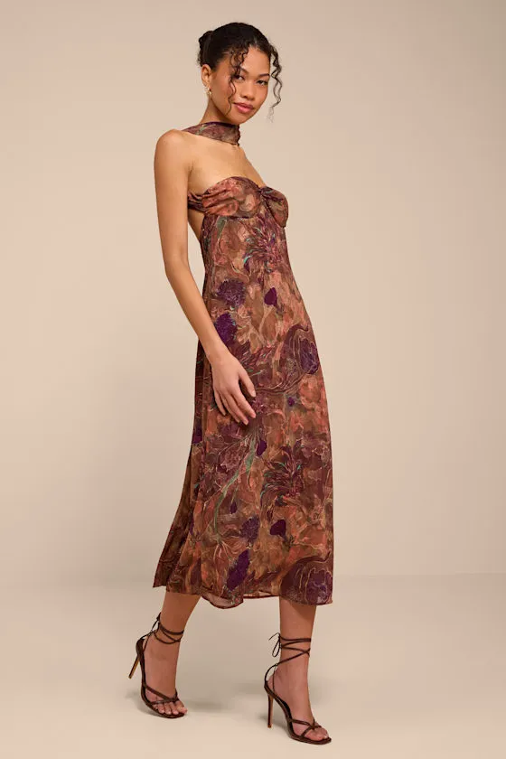 Aviva Brown Multi Jacquard Backless Scarf Midi Dress sold by Lulus product image thumbnail 4