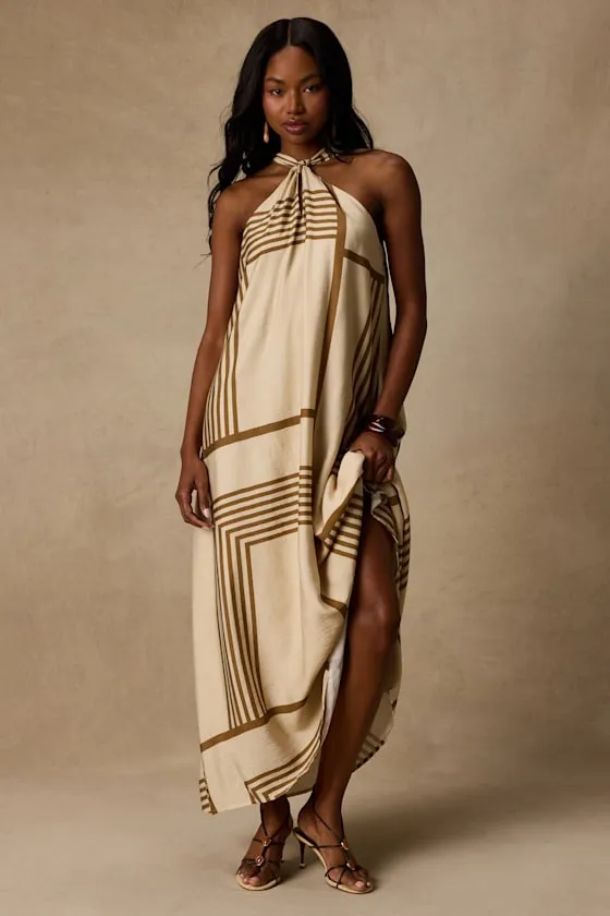 Rio Cream and Brown Abstract Print Shift Maxi Dress sold by Lulus